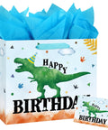 13 Inch Large Watercolor Dinosaur Birthday Gift Bag With Handles, Greeting Card And Tissue Paper, All In One Party Loot For Boys And Girls Birthday Celebrations