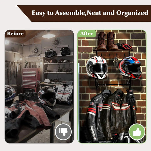 Heavy Duty Wooden Wall Mount Rack Features Dual Safety Hooks To Securely Hang Two Helmets Or Hats While Keeping Your Garage Neat And Serving As A Slick Wall Organizer.