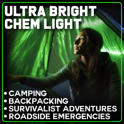 Person inside tent lit by Emergency Glow Sticks Pack Ultra Bright Chem Light Sticks Individually Wrapped Military Grade Quality 12 Hour Run Time.