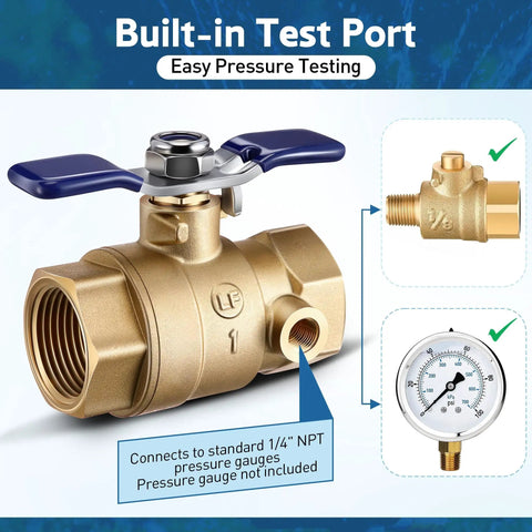 Heavy Duty Brass Backflow Ball Valve With Test Port, 1 Inch FPT Threaded, Full Port Shut Off Valve For Residential Water Plumbing, Built To Last, Easy Backflow Testing, Durable And Corrosion Resistant