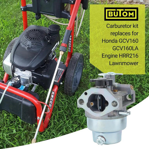 Honda GCV160 Manual Choke Carburetor Replacement, fits GCV160LA models, shown on pressure washer, lawn in background