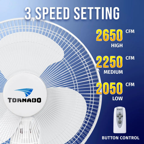 Close-up of Two Pack 16 Inch Wall Mounted Fans For Home Use With 90 Degree Oscillation Remote Control Three Speed Settings 2650 CFM