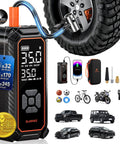 Cordless Tire Inflator Portable Air Compressor With 12000mAh Battery, digital gauge, auto shutoff, tire on SUV, accessories shown