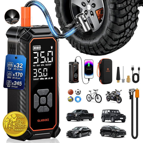 Cordless Tire Inflator Portable Air Compressor With 12000mAh Battery, digital gauge, auto shutoff, tire on SUV, accessories shown