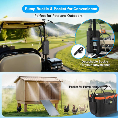 Portable Outdoor Misting System Kit With 6000mAh Pump, 20L Bucket, pocket for pump on golf cart and chicken coop.