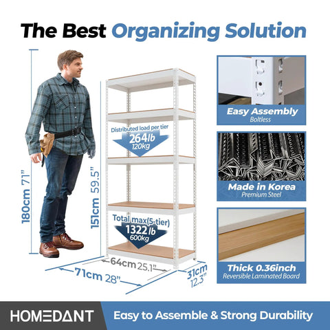 White 28 Inch Wide 5 Tier Metal Garage Shelving Unit With Boltless Tool Free Assembly In Minutes Fully Adjustable Shelves To Fit Totes Heavy Duty Storage Rack For Home Workshop, 71cm tall