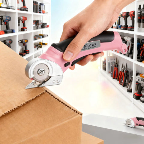 Heavy Duty Cordless Electric Scissors With Fast Usb Rechargeable Power And Self Sharpening Steel Blades For Slick Cuts Through Denim Fabric Leather Carpet And Stubborn Cardboard In Nifty Pink cutting through cardboard with ease.