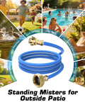 Outdoor Patio Misting System With Anti Clog Brass Nozzles, Standing Water Mister For Patio, BBQ, Pool, Garden, Bird Bath And Sun Tan, 80 Inch Length, Portable Cool Mist Sprinkler For Plants And Cooling with blue hose.