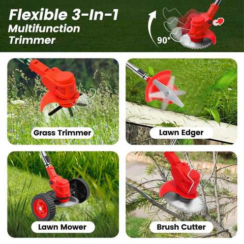Flexible 3-in-1 multi-function trimmer showing 24V Electric Weed Wacker With Wheels All In One Cordless Yard Boss for lawn work