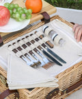 Wicker Picnic Basket Set For Two With Insulated Cooler, Detachable Table Lid, Blanket And Full Tableware, utensils displayed