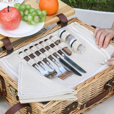 Wicker Picnic Basket Set For Two With Insulated Cooler, Detachable Table Lid, Blanket And Full Tableware, utensils displayed