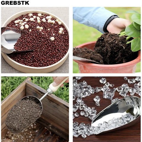 Beefy Capacity Garden Scoop Stainless Steel Soil Shovel For Fertilizer Transplanting Digging Planting And Cultivation With Durable Beech Handle Ideal For Home Garden Camping And Farm Use shown scooping seeds, soil and ice