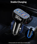 90W 4 Port USB C Car Charger with 3ft Cable Ultra Fast PD 3.0 Charging Hub installed in car's outlet, close-up view.