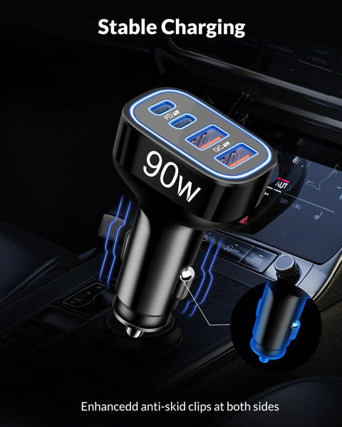 90W 4 Port USB C Car Charger with 3ft Cable Ultra Fast PD 3.0 Charging Hub installed in car's outlet, close-up view.