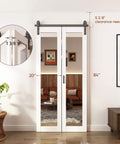 Bifold Barn Door With Mirror Panels And Hardware Kit For Closets And Rooms 40 By 84 Inches Sleek White Modern Style Durable MDF