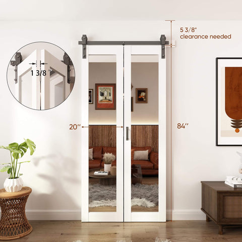 Bifold Barn Door With Mirror Panels And Hardware Kit For Closets And Rooms 40 By 84 Inches Sleek White Modern Style Durable MDF