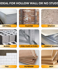 Chart showing materials for use with Steel Stud TV Mounting Kit including drywall, plaster, stucco, block, steel plate and studs, cement board, tile, plywood, MDF.