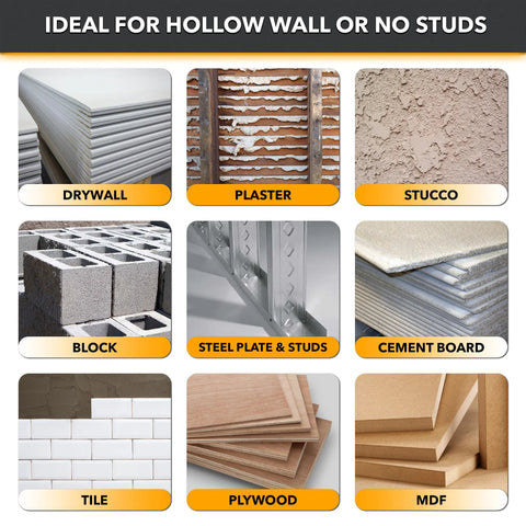 Chart showing materials for use with Steel Stud TV Mounting Kit including drywall, plaster, stucco, block, steel plate and studs, cement board, tile, plywood, MDF.