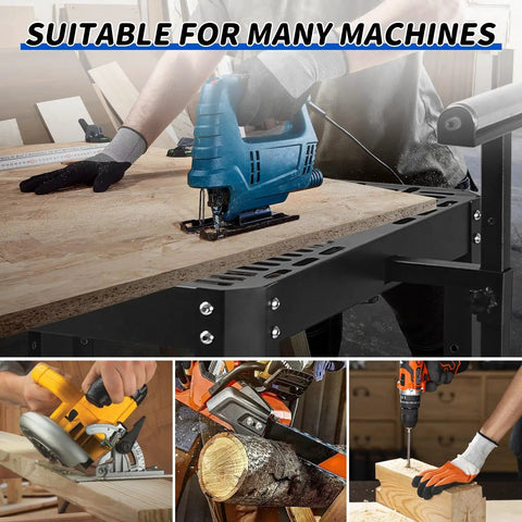 Image showcasing the Straight Up Workhorse 550 Lb Power Tool Table With Smooth Rollin Wheels, supporting various tools like jigsaws.