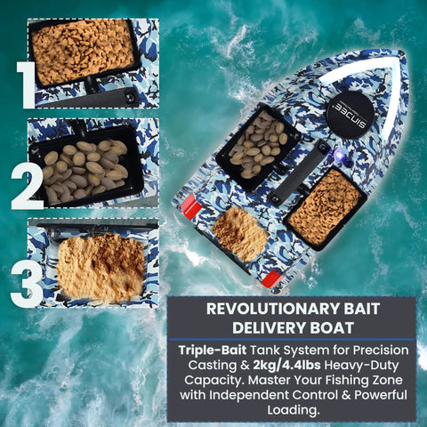 Bait Boat With Depth And Temp Sensor, GPS Range Up To 546 Yds showing triple bait tanks from above, open and filled.