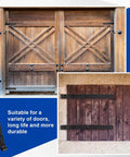 Heavy Duty Zinc Strap Hinges 16 Inch For Gate And Barn Tool Shed Door Black Finish Four Pack shown on wooden doors.