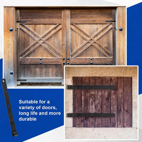 Heavy Duty Zinc Strap Hinges 16 Inch For Gate And Barn Tool Shed Door Black Finish Four Pack shown on wooden doors.