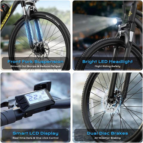 Beast 750W Peak Electric Mountain Bike With 48V Battery And 22 MPH Top Speed, showcasing front fork suspension, LED headlight, LCD display, disc brakes.