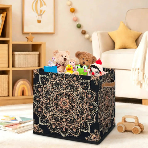 Retro Bronze Mandala Foldable Storage Cubes filled with toys, featuring reinforced handles and waterproof material.