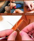 Leather upholstery repair kit with waxed thread and needles; includes 4 rolls in 3 colors and 7 needles.