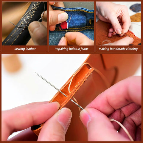 Leather upholstery repair kit with waxed thread and needles; includes 4 rolls in 3 colors and 7 needles.