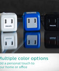 Flat Plug Cube Extension Cord With 10 Ft Reach, 3 Grounded Outlets And 2 USB Ports in white, blue, and black color options