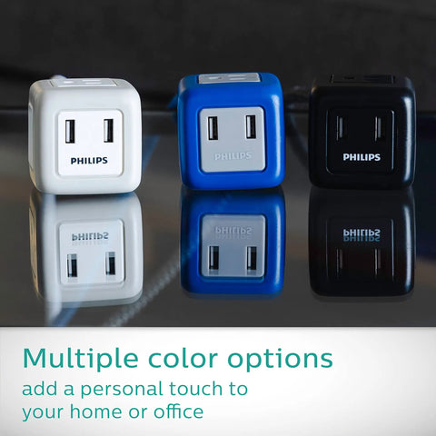Flat Plug Cube Extension Cord With 10 Ft Reach, 3 Grounded Outlets And 2 USB Ports in white, blue, and black color options