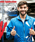 Heavy Duty Dual Tip Automotive Pry Bar For Snapping Off Stubborn Wiring Harnesses and Electrical Plugs Without Ruining Clips in use by a mechanic.