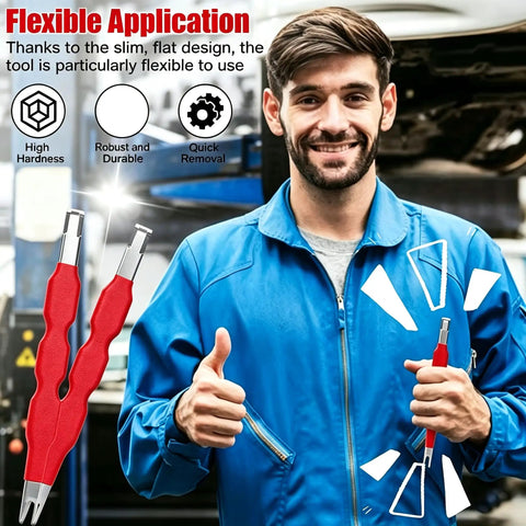 Heavy Duty Dual Tip Automotive Pry Bar For Snapping Off Stubborn Wiring Harnesses and Electrical Plugs Without Ruining Clips in use by a mechanic.