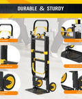 Upgraded 3-In-1 Folding Hand Truck Dolly For Home Office And Warehouse Converting From Two-Wheel Stair Climber To Four-Wheel Platform Cart Heavy Duty 600 Lb Capacity With Solid Wheels And Straps Orange, durable steel frame with wheels
