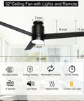 52 Inch Modern Black Ceiling Fan With Light And Remote, 3 Wood Blades, Flush Mount Design, Dark Grey Finish, Quiet Operation