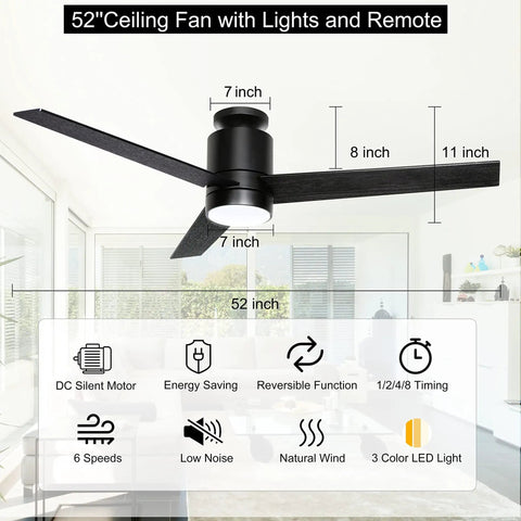52 Inch Modern Black Ceiling Fan With Light And Remote, 3 Wood Blades, Flush Mount Design, Dark Grey Finish, Quiet Operation