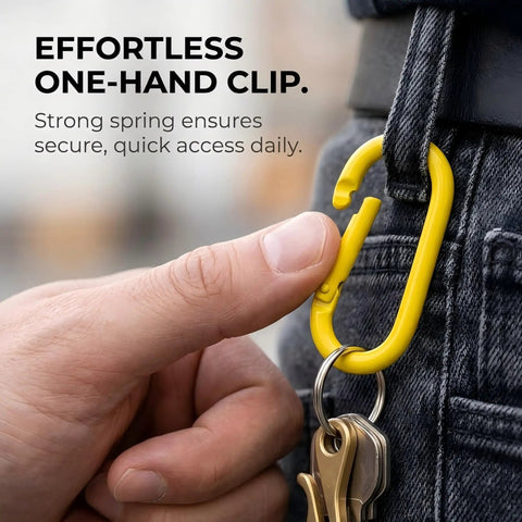 Close-up of hand using yellow carabiner from 16 Piece Oval Carabiner Clips Set for Keychains and Lanyards Aluminum Alloy