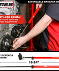 Mechanic using Dual Head Extendable Breaker Bar With 3/8 And 1/2 Inch Drive, Red Handle, 16 To 24 Inch Telescoping Length, Twist Lock Adjustable Design To Tackle Stubborn Bolts And Tight Sockets on engine.