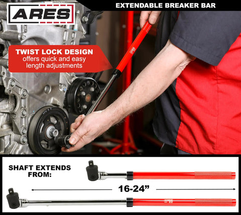 Mechanic using Dual Head Extendable Breaker Bar With 3/8 And 1/2 Inch Drive, Red Handle, 16 To 24 Inch Telescoping Length, Twist Lock Adjustable Design To Tackle Stubborn Bolts And Tight Sockets on engine.