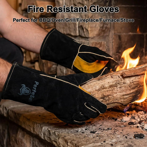 Person wearing 14 Inch Heavy Duty Leather Welding Gloves with Soft Lining, 932 F Heat Resistant Mitts handling wood near fire.