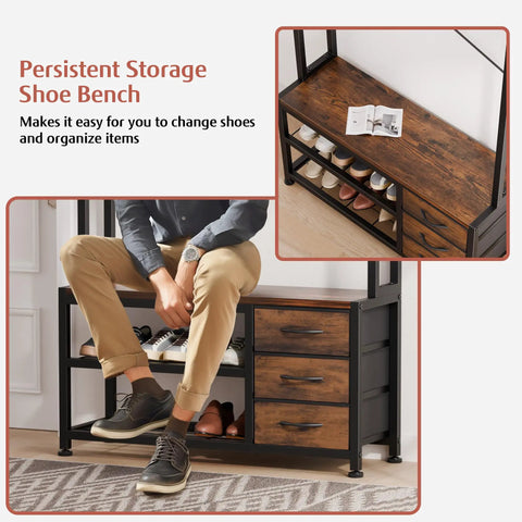 Rustic Brown Hall Tree With Bench And Shoe Storage Freestanding Coat Rack With Two Tier Shelf Six In One Entryway Organizer Featuring 3 Drawers