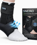 Ultimate 360 Degree Ankle Support Brace For Men And Women Lace Up Neoprene Ankle Wrap displayed on foot with packaging