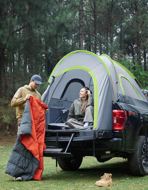 Five Foot Pickup Truck Tent 2.0 Double Layer Waterproof PU2000MM setup on truck bed with two people camping in forest