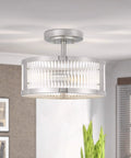 Two Light Brushed Nickel Semi Flush Ceiling Light With Clear Ribbed Glass Mid Century Vintage Round Fixture 11.8 Inch Diameter Built Tough Steel For Hallway Or Dining With Retro Vibe Toluca Collection