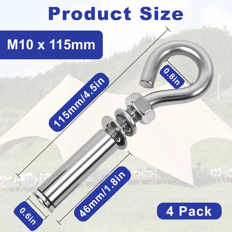 Product size of Heavy Duty Expansion Eye Bolts Four Pack With Drill Bit For Concrete Walls, M10 x 115mm, shown for rigging work.