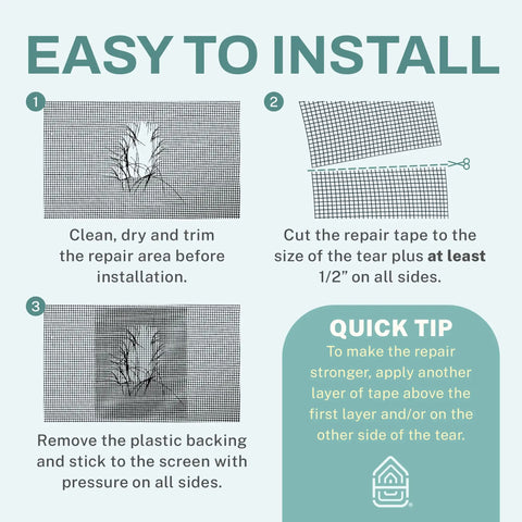 Instructional image showing steps to install 2 Inch By 15 Foot Waterproof Fiberglass Screen Repair Tape Roll For Windows Doors Patio And Pool Screens, Ultra Strong Adhesive Mesh Patch To Fix Tears And Holes Fast And Lasting.