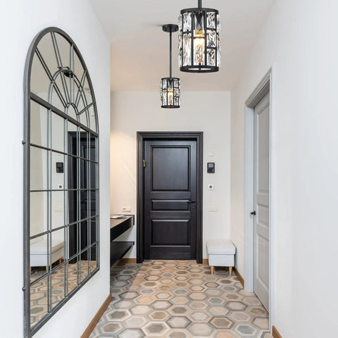 Black Crystal Pendant Light Fixture Modern Hanging Chandelier With Clear Faceted Crystals Dope Look For Kitchen Island Dining Room Living Room Hallway Porch Bedroom Lamps Warm Glow Vintage Industrial Vibe in a hallway setting.
