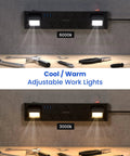 Heavy Duty 11 In 1 Power Strip With 8 Outlets And 3 USB Ports, 2 Worklights, wall-mounted showing cool and warm light options.