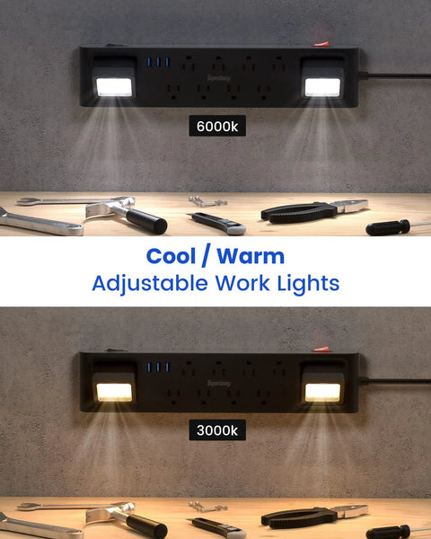 Heavy Duty 11 In 1 Power Strip With 8 Outlets And 3 USB Ports, 2 Worklights, wall-mounted showing cool and warm light options.